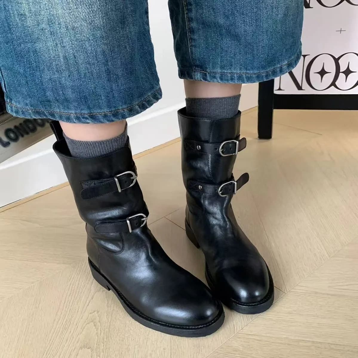 Women Belt Buckle Mid Leg Boots Outdoor Thick Soled Thick Heeled Women Boots Western Cowboy Style Short Boots Fashionable Winter