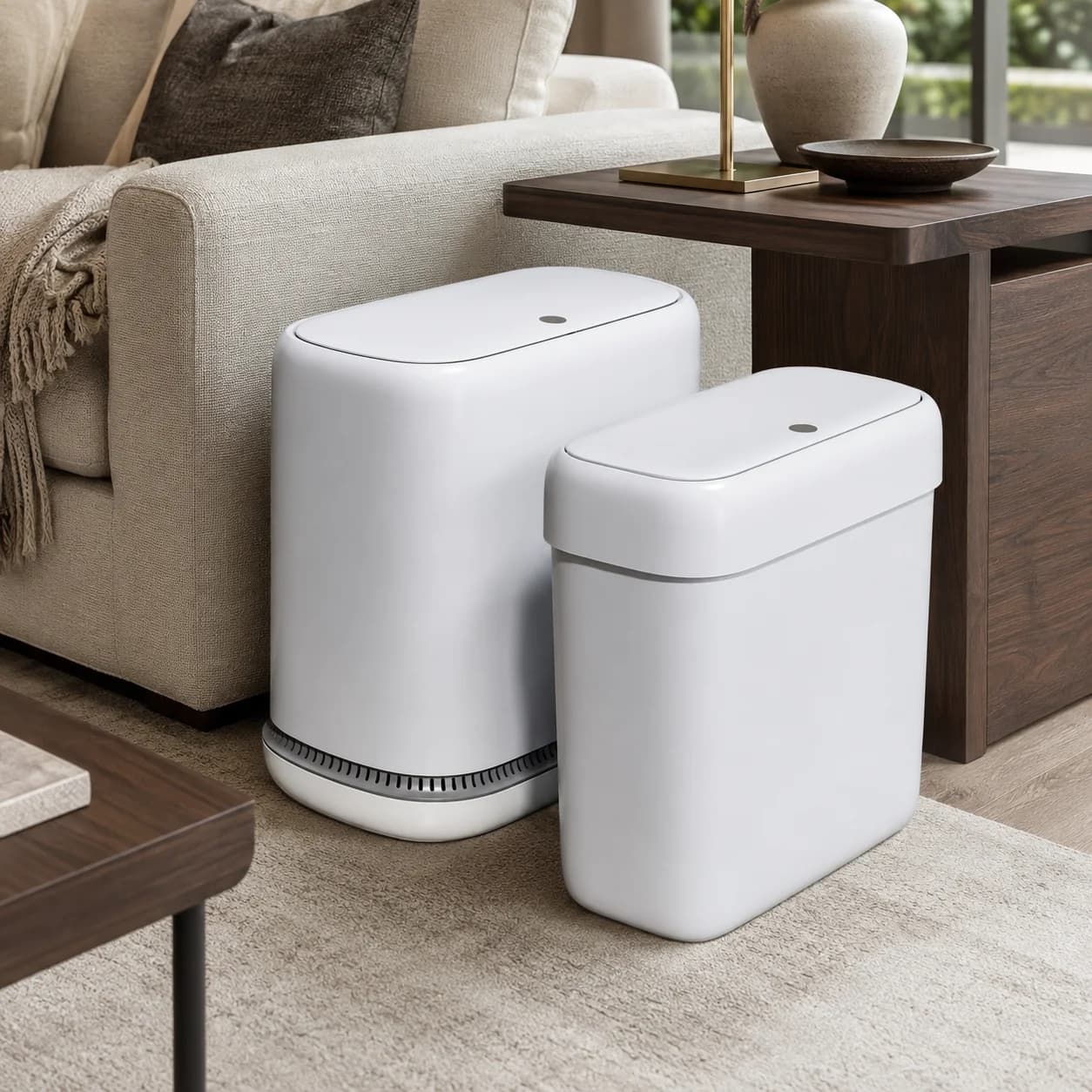 2-Piece Trash Can Set with Lids, 1 Large & 1 Small Slim Rectangular Garbage Bins with Hidden Bag Design for Kitchen, Bathroom and Bedroom