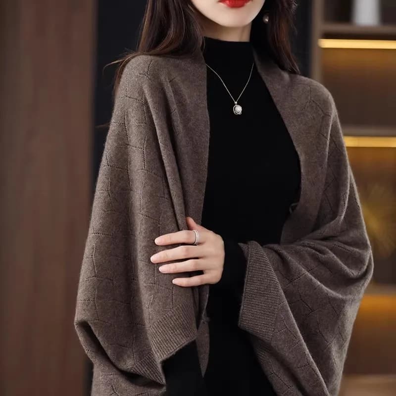 Cashmere Knitted Shawl Scarf Two-In-One Coat Top Versatile Cowl Cardigan Commute Style Batwing Sleeve Polyester Blend Short S...