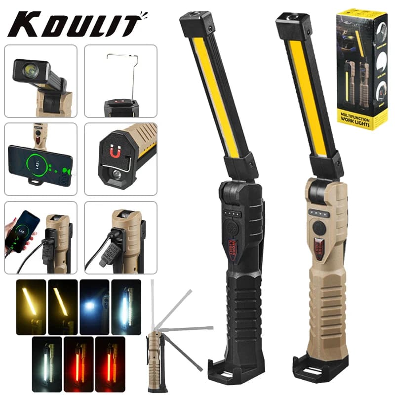 KDULIT Fold LED Emergency Projector Portable Strong Magnet COB Working Light Type C Rechargeable Flashlight Super Bright Lamp