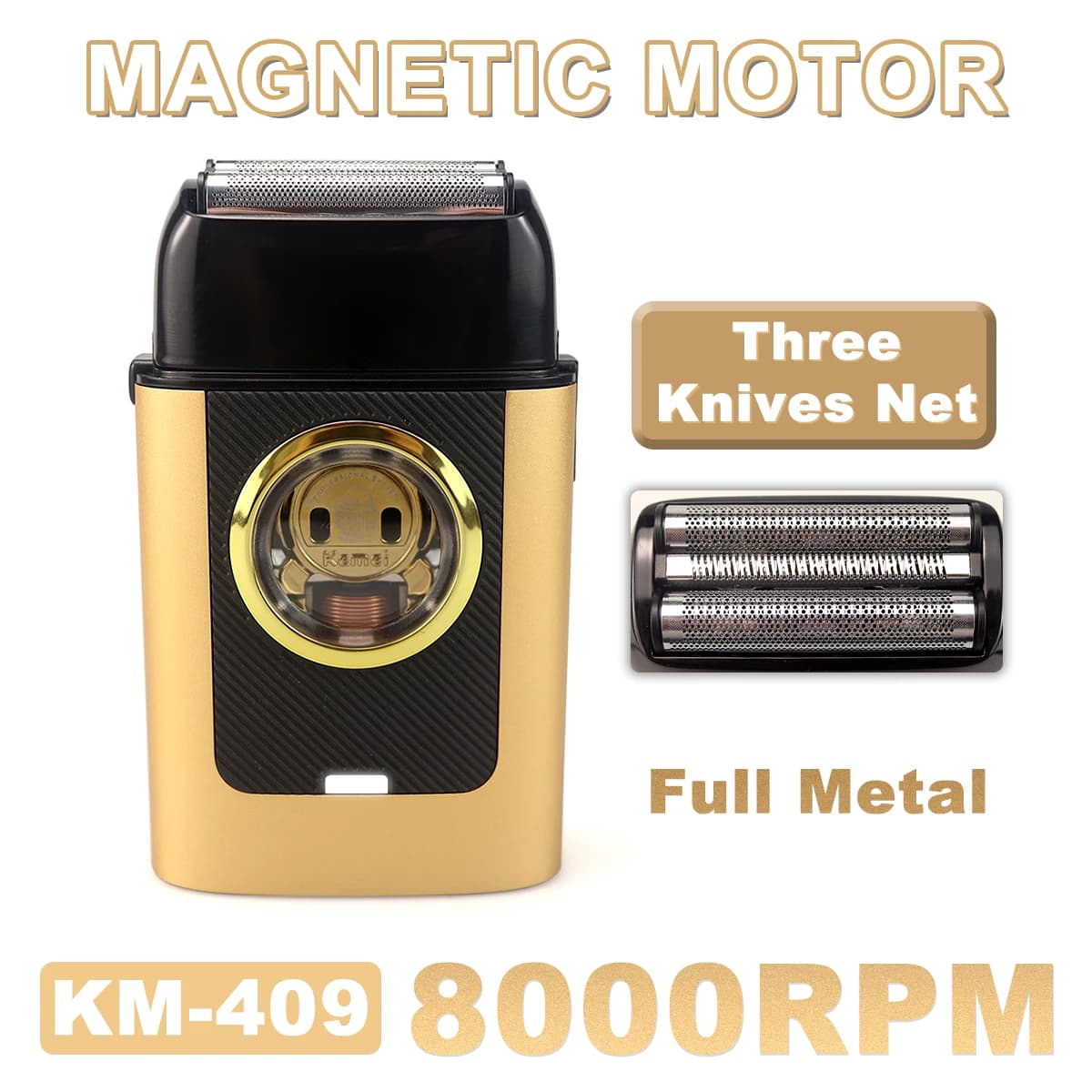 Kemei KM-T409 Electric Razor for Men 8000 rpm Magnetic Motor Full Metal 3 blades Trimmer for professional beard Finishing machine