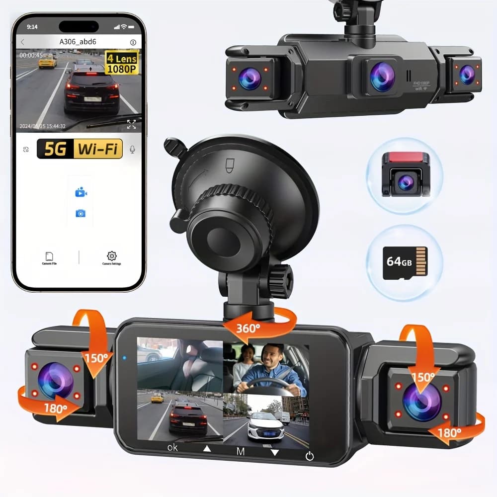 Dash Cam con Scheda di Memoria da 64GB, Telecamere per Auto con Registrazione Wireless in Loop, 4 Canali, WIFI, Sensore G, Telecamera di Retromarcia, Schermo da 3.0 Pollici, Telecamera Grandangolare ad Alta Definizione