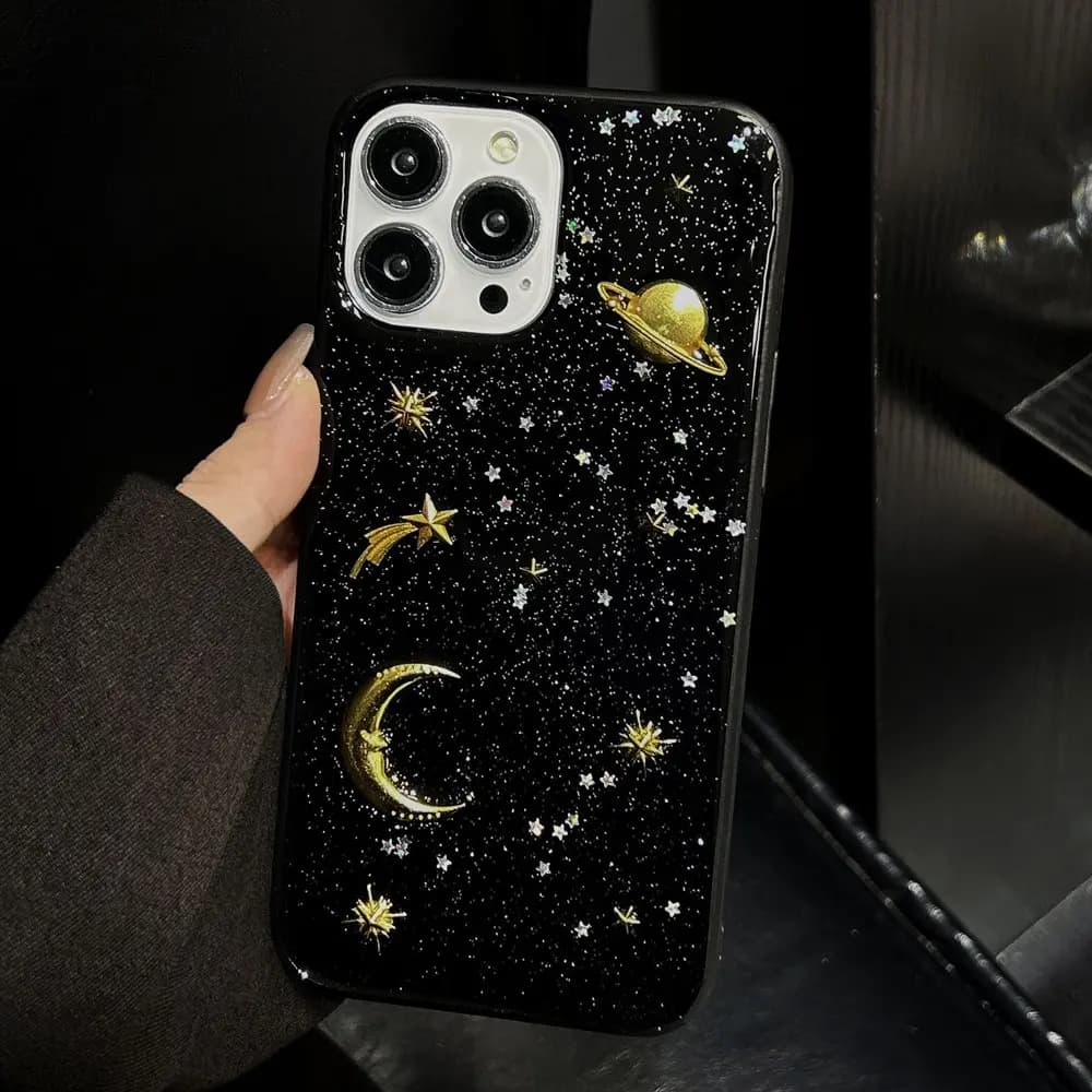 Custodia per telefono Universe Starry Sky Moon per iPhone 16 11 12 13 14 Pro Max 15 Plus Cover posteriore antiurto nera con guscio epossidico glitterato