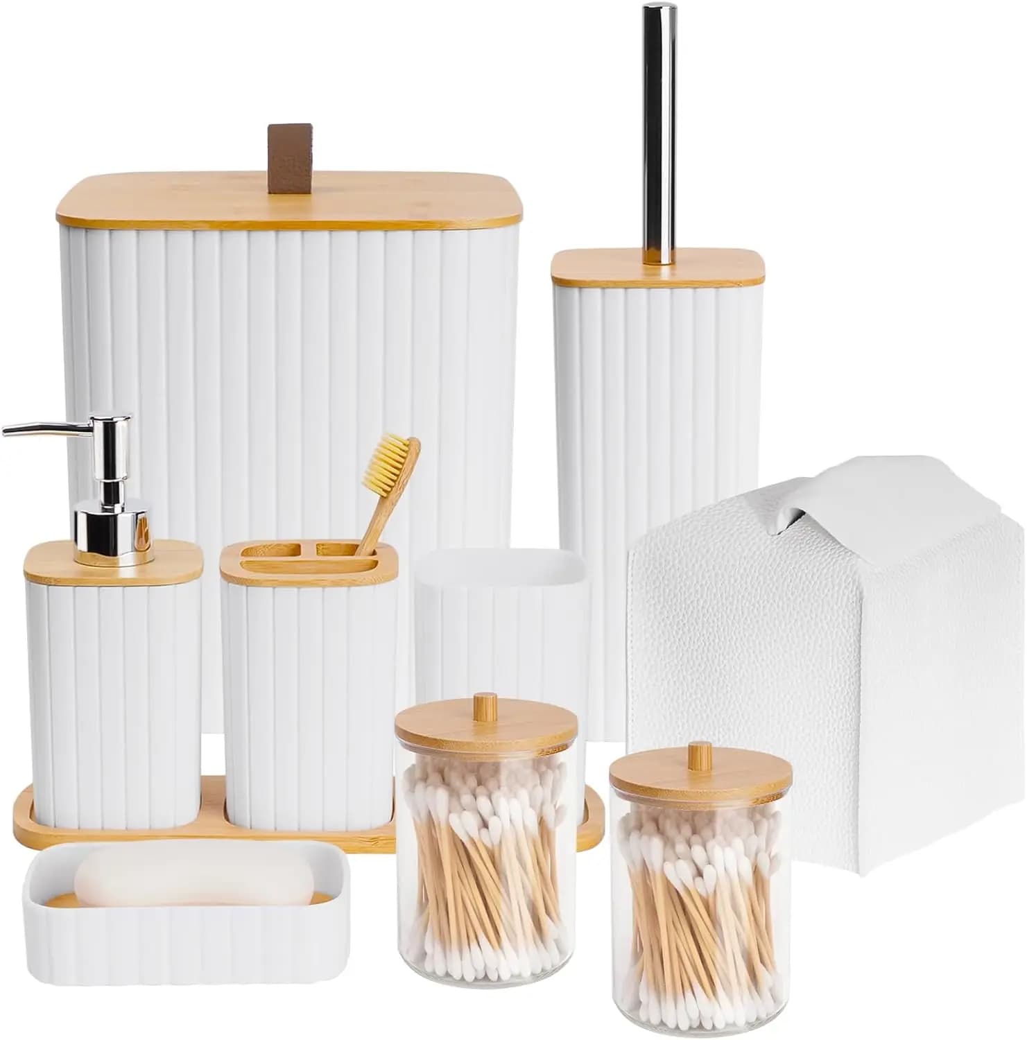 Set Completo da Bagno Bianco in 10 Pezzi con Cestino, Portaspazzolino, Dispenser Sapone e Altro