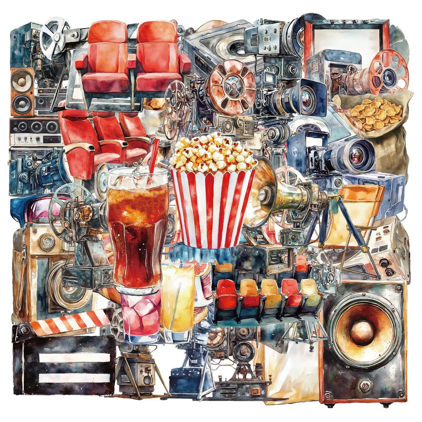 50/100 Pezzi Adesivi Retrò a Tema Proiettore Cinematografico, Adesivi Trasparenti in PET Impermeabili per Quaderni e Scatole di Cancelleria