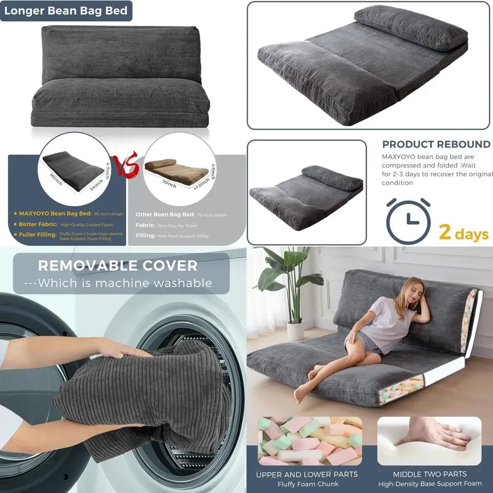 Extra Sofa Bed Thick and Long, Convertible Armchair with Washable Coating, Pouf Lounge, Grey, 54x95 Inches