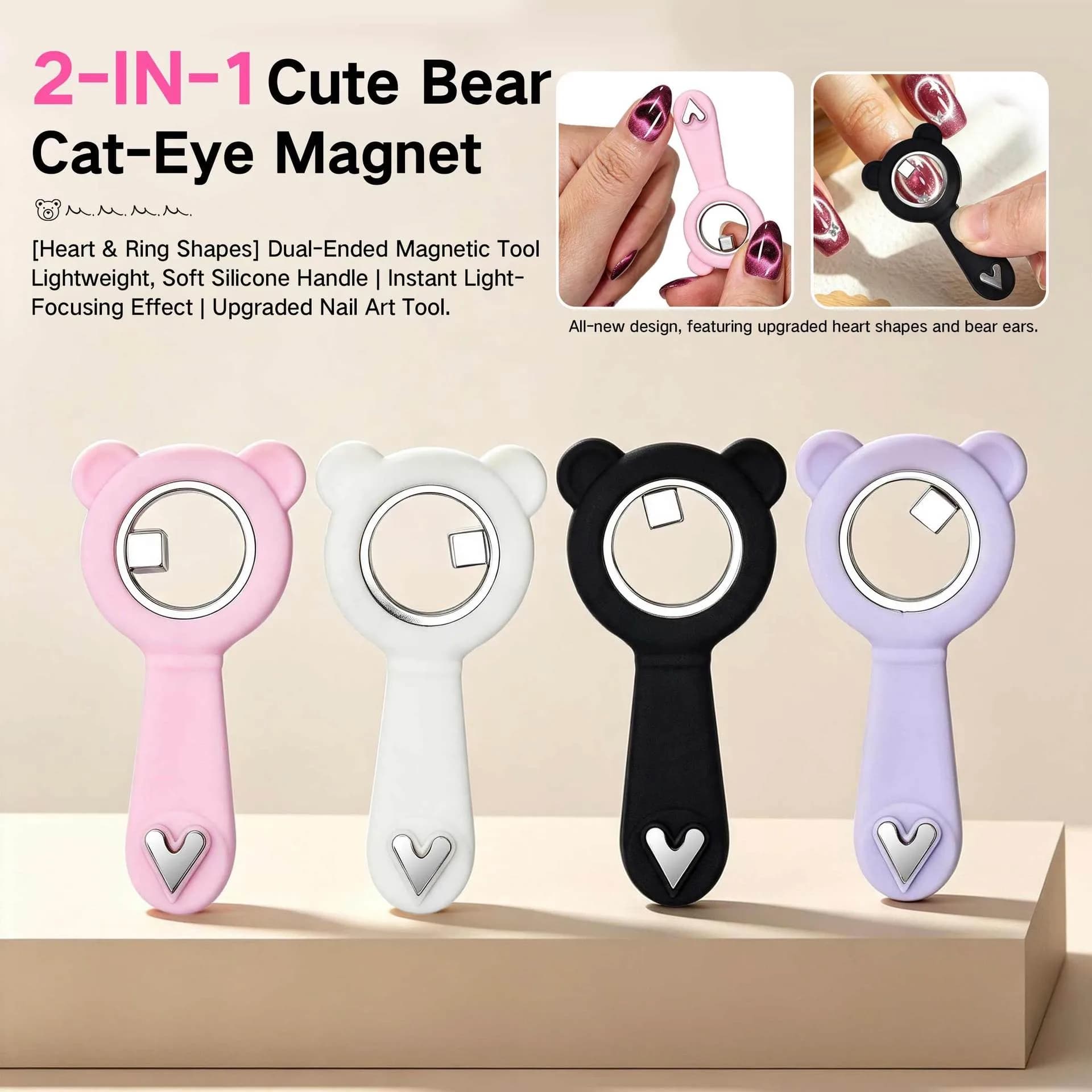 YIKOOLIN 2 In 1 Cute Bear Cat Eye Magnet Dual End Heart Shape Magnetic Stick for Cat Eye Gel Nail Polish DIY Manicure Salon Tool