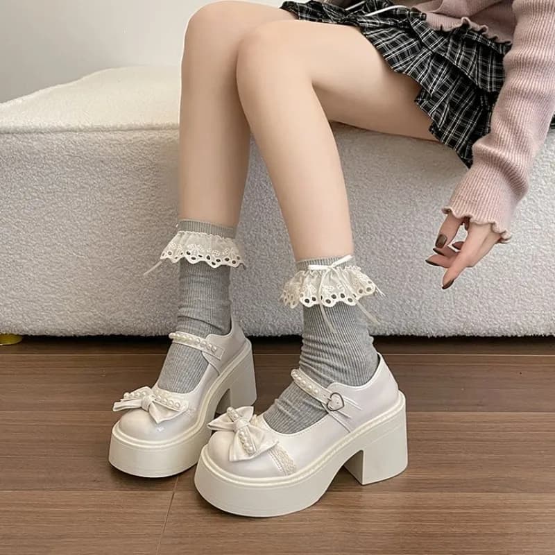 Retro Pearl Bow Knot Thick Bottom Heightening Shoes Sweet New Style Spring for Skirts PU Leather Women's