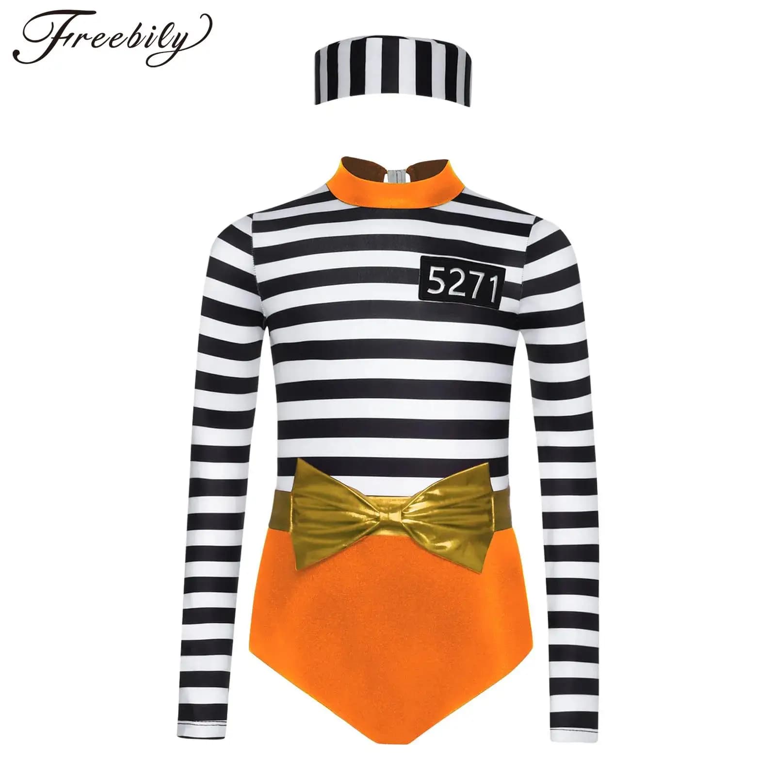 Costume da prigioniero per ragazza, body a maniche lunghe a righe con cintura, berretto convict, vestiti cosplay criminale per prigione di Halloween