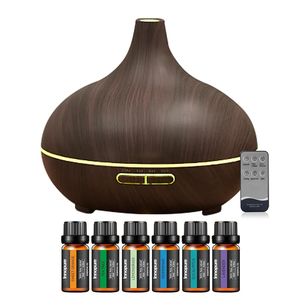 Diffuser for aromatherapy and set of 6 essential oils, 550 ml ultrasound diffuser, cold mist humidifier with 4 timers and 7 bright colors