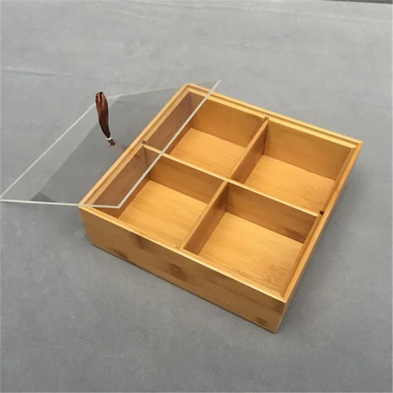 Scatola per frutta secca in legno con coperchio in acrilico Vassoio per snack a 4 celle Scatole portaoggetti quadrate Scatola per caramelle Contenitore per snack Organizzatore di stoccaggio