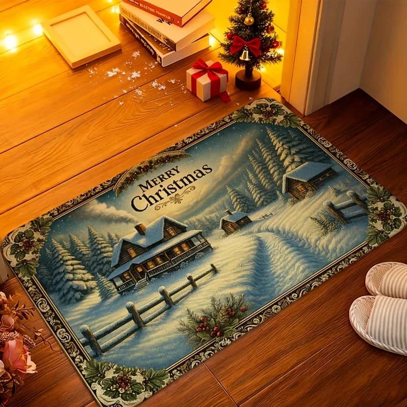Retro Winter Log Cabin graphics welcome rug,entryway,bedroom,living room,indoor Mat,Entry Door Rug NonSlip rug Christmas Present