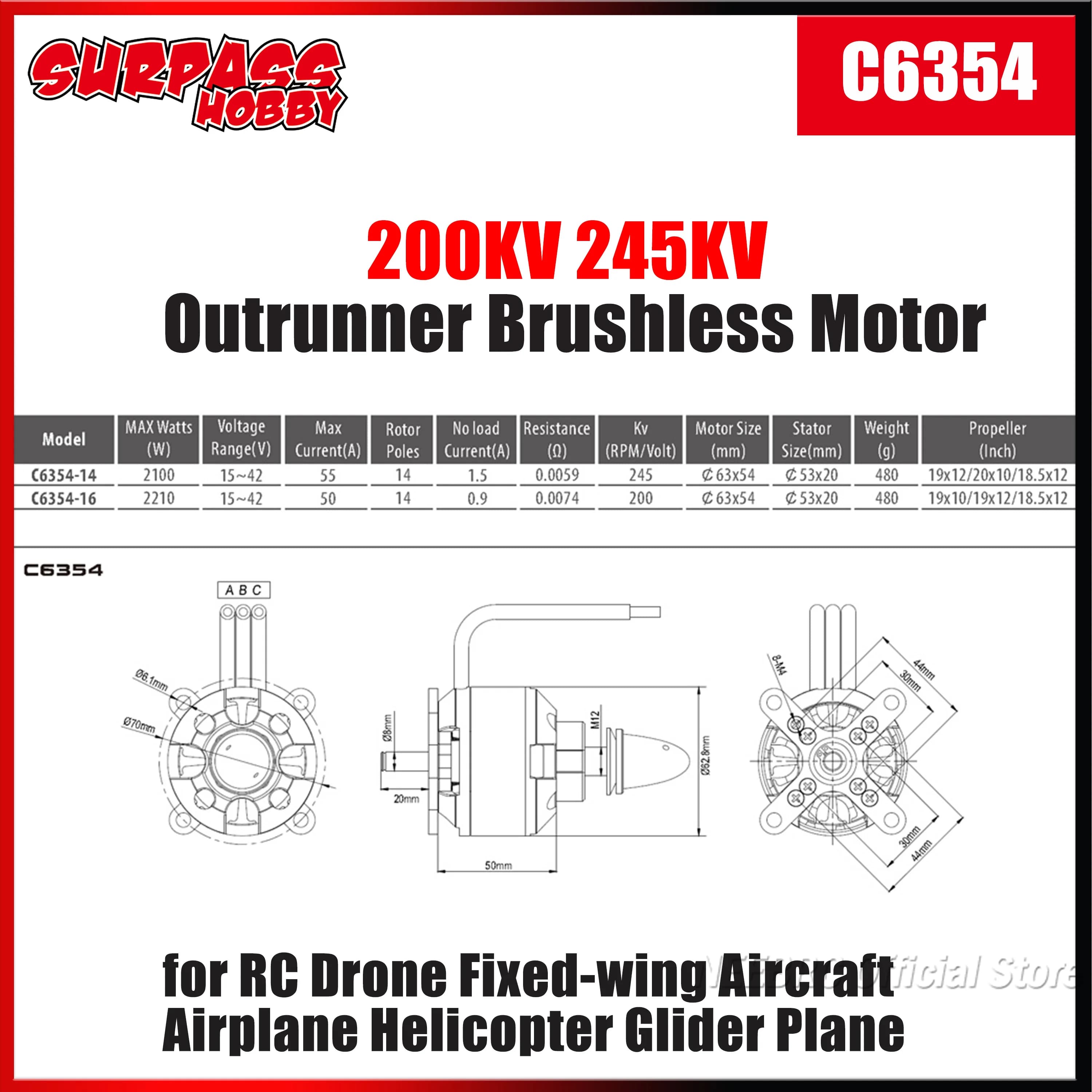 Motore Brushless Outrunner SURPASS HOBBY C6354 200KV 245KV per Droni RC, Aerei ad Ala Fissa, Elicotteri, Alianti e Modellini