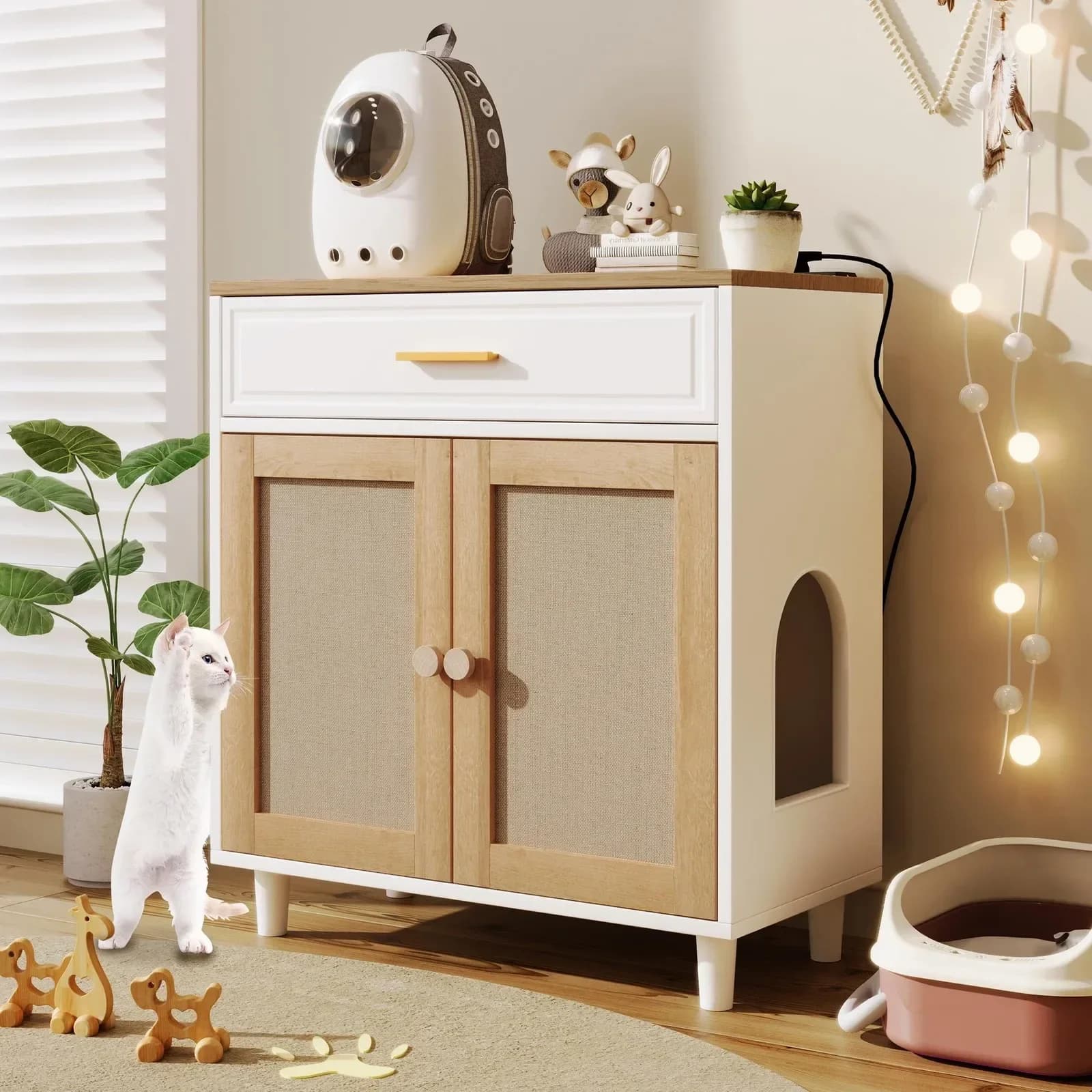 Casetta per Gatti con Porta Tiragraffi in Sisal, Beige+Bianco