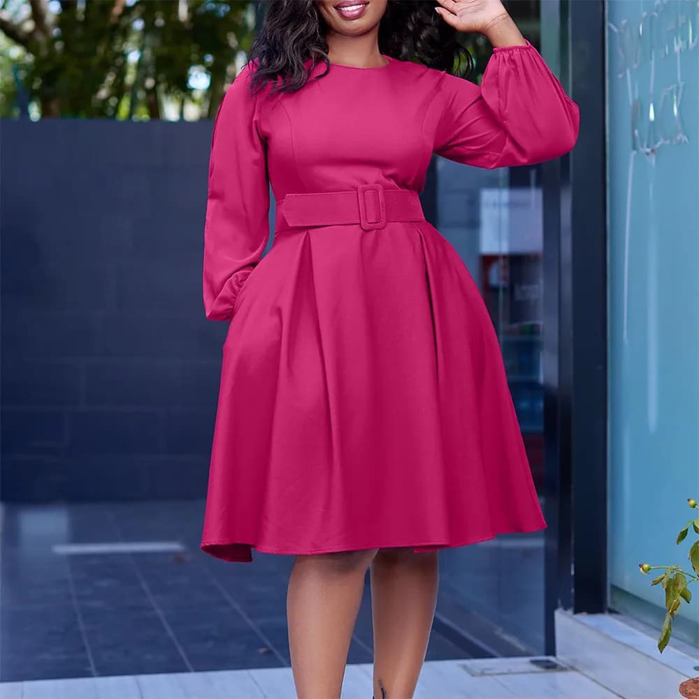 Abbigliamento Femminile Africano Autunno e Inverno, Nuovo Abito Elegante a Maniche Lunghe con Collo Tondo e Ampia Gonna a Pieghe con Cintura