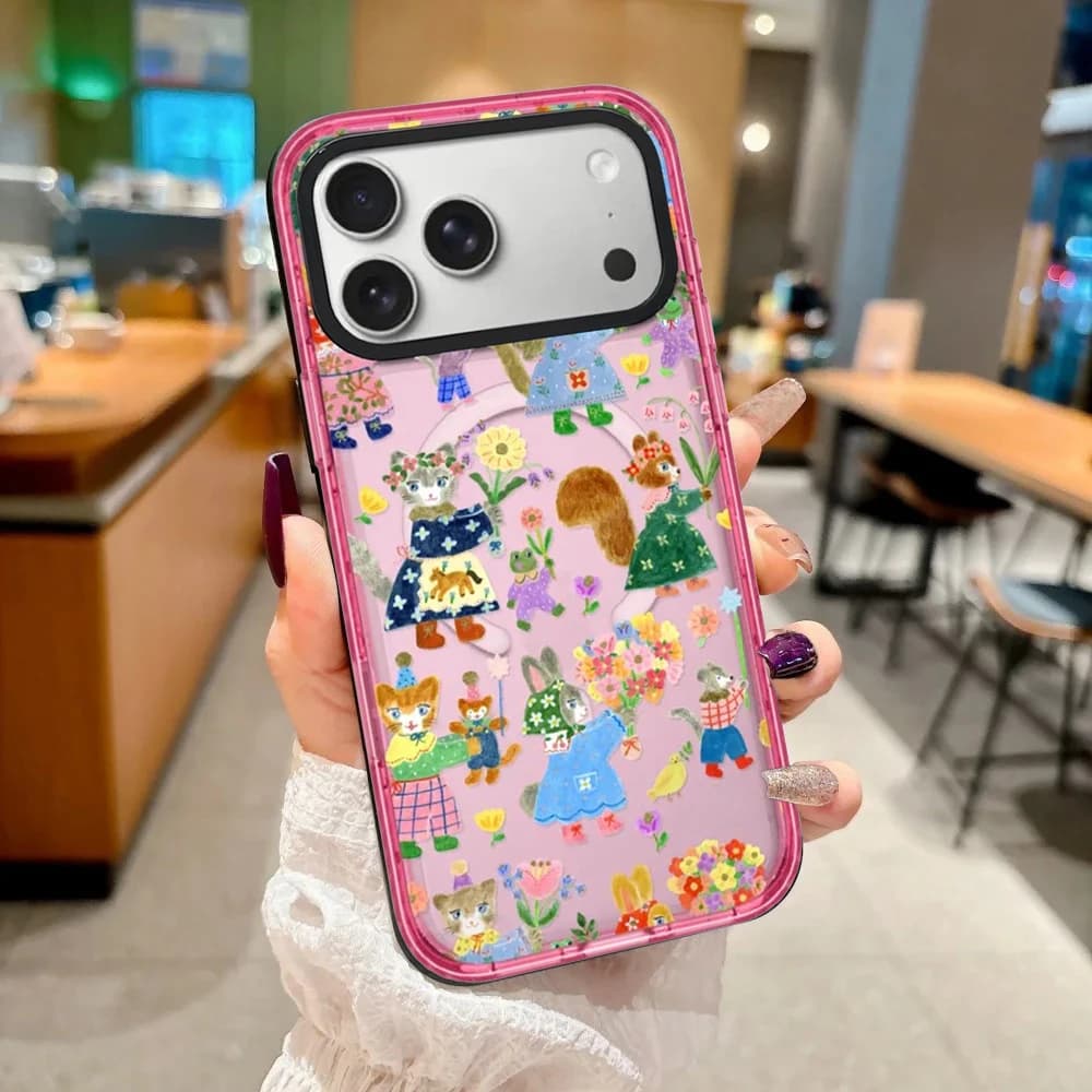 Happy Animal Companion Acrylic Pink Border Magnetic Phone Case Cover for IPhone 12 13 14 15 16 17 Pro Max Case for IPhone 17 Air