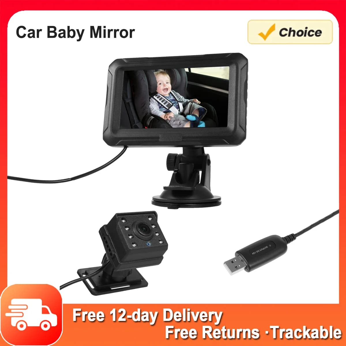 Baby Car Mirror 1080P Baby Monitor with night vision 150 ° Wide viewing angle for babies and children with USB socket for children's camera 4.3 inch