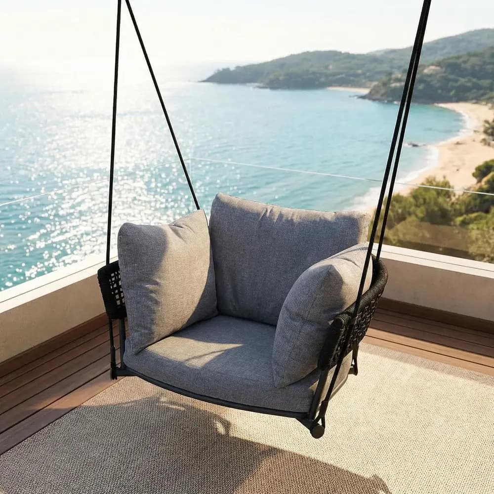 Outdoor rocking chair with cushion, adjustable rope, durable, ideal for reading corners on the balcony, grey