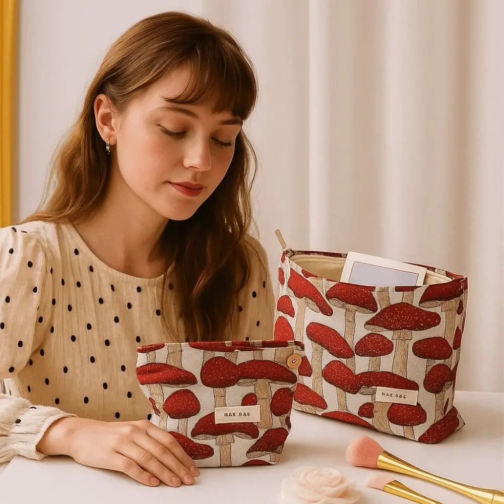 Artistic Canvas Makeup Bag M/L Size Washing Coin Key Purse Red Mushroom Printing Portable Handbag Skin Care Products Storage