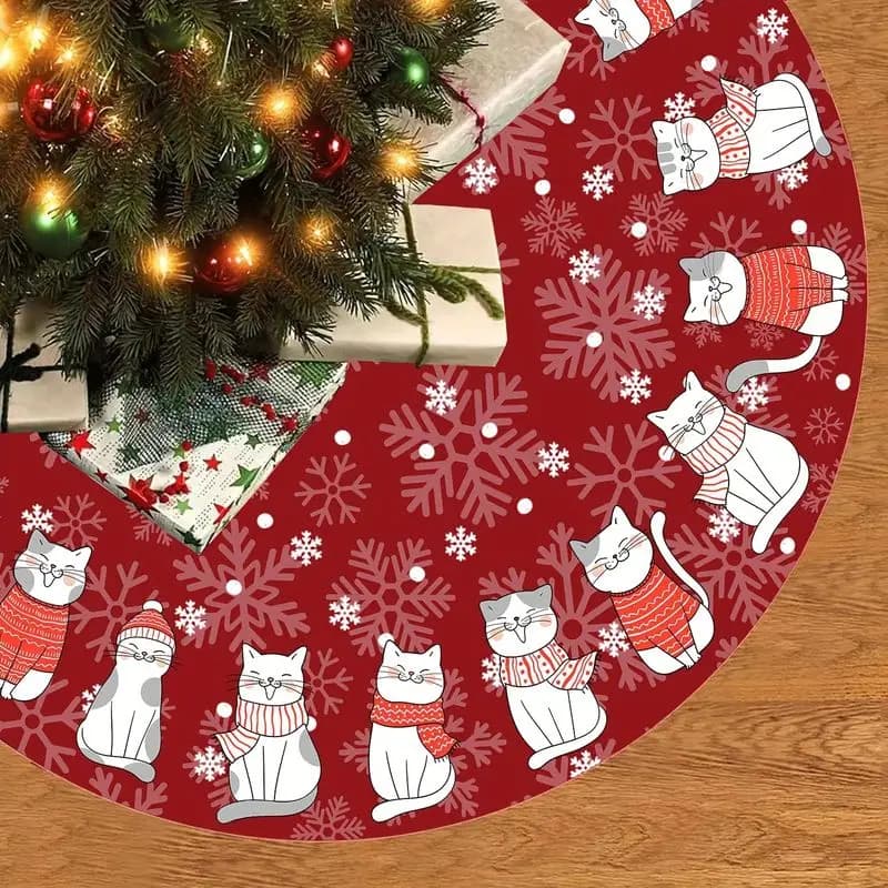 VIKAMA Red Xmas Tree Skirt Cartoon Cat In Winter Outfit Snowflake Print Pet Lover Tree Base Rug Holiday Home Decor