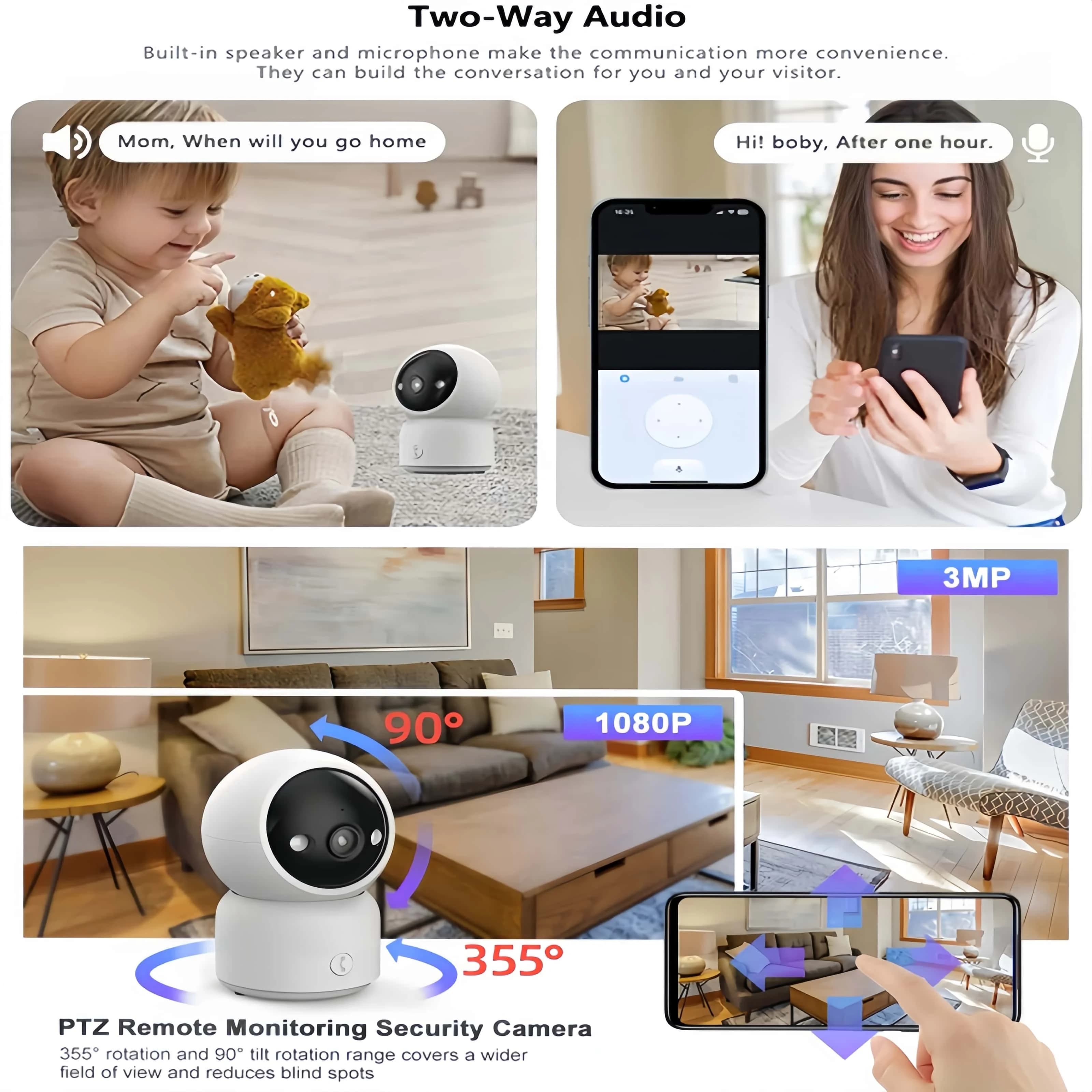 Telecamera intelligente Sorveglianza di sicurezza HD 2.4GHz Monitoraggio interno Funzione di visione notturna per bambini 360 ° Audio bidirezionale con rotazione Pan-Tilt