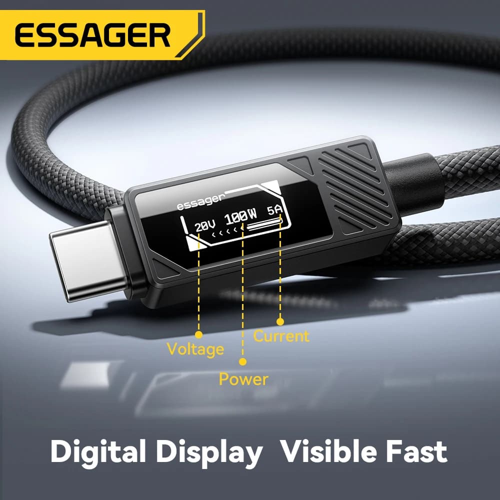 Cavo ESSAGER da 100 W tipo C a C con display digitale Cavo di ricarica rapida PD per MacBook Pro/Air iPhone 17/16/15 iPad Cavo USB C
