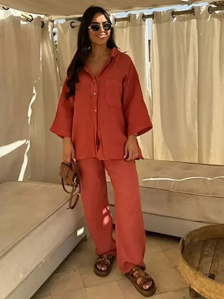 Pantaloni eleganti da donna con risvolto Set da 2 pezzi Chic maniche lunghe con camicia tascabile Pantaloni larghi a gamba larga Set 2025 Outfit streetwear