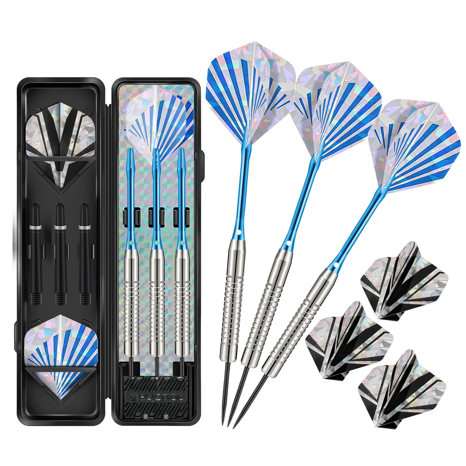 HUANQU 3Pcs Professional 20g Steel Tip Darts Metal Barrels Alu Shafts Holographic Flights with Storage Box Indoor Games