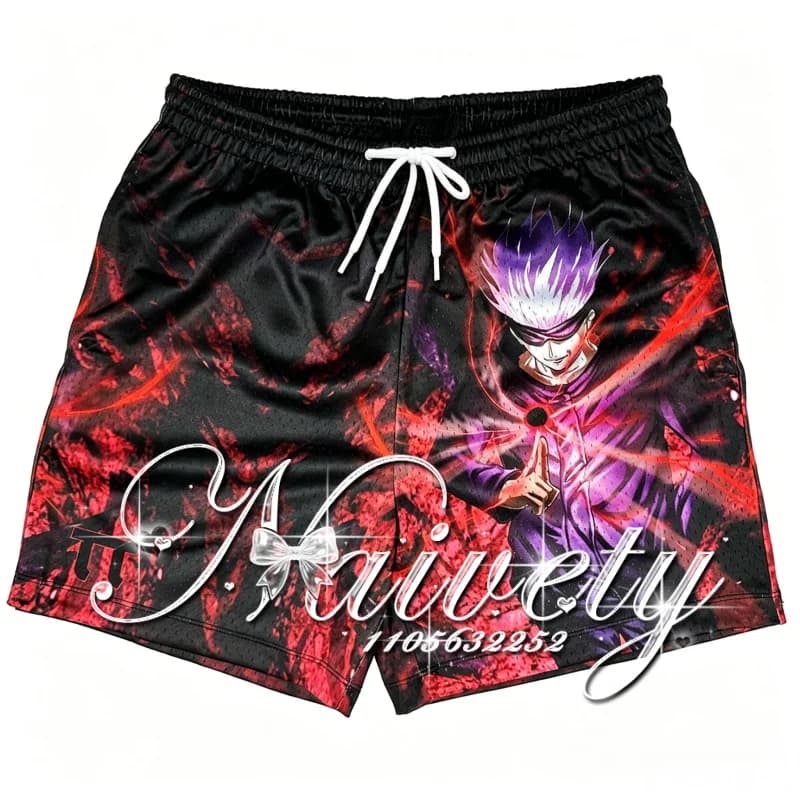 Jujutsu Kaisen Gojo Satoru Red Flame Print Mesh Quick Dry Shorts Unisex Summer Breathable Basketball Fitness Trendy Anime Shorts