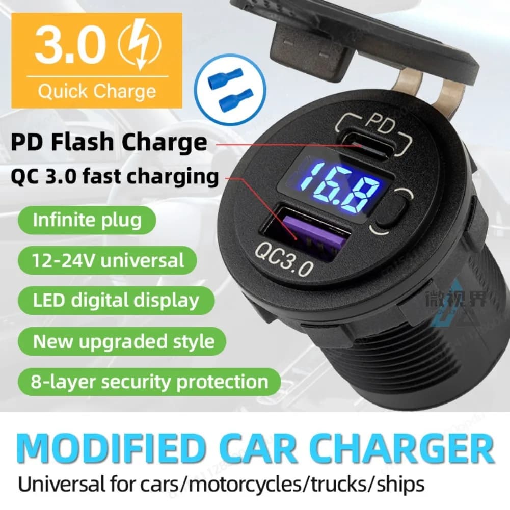 Presa per caricabatteria da auto USB 48W PD Tipo-C e porta caricabatterie QC3.0 Presa USB 12V con voltmetro per auto RV Barca Marine Truck Moto