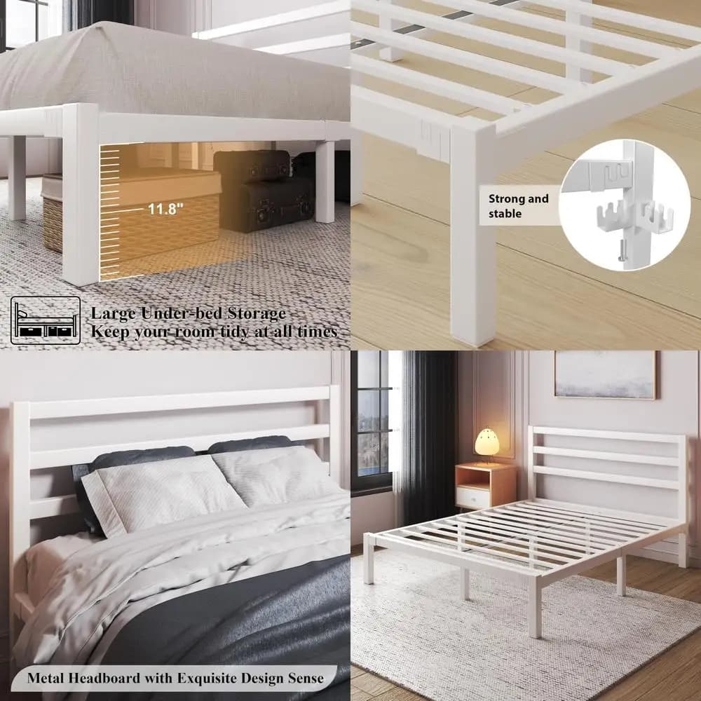 Letto matrimoniale bianco resistente con piattaforma e base in metallo, contenitore sotto il letto, base per materasso, non necessita di rete a molle, facile da montare