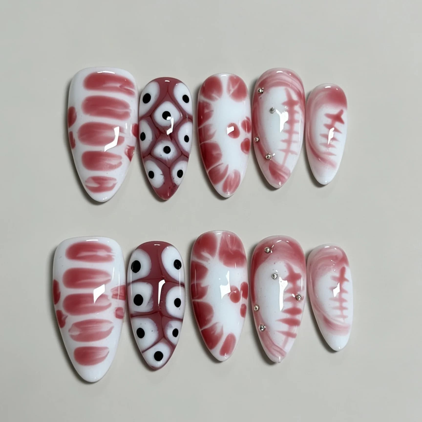 Almond 10Pcs Press On Nails, Pink White Blush Blood Vein Print False Nails, Cute Spots Handmade Nail Art
