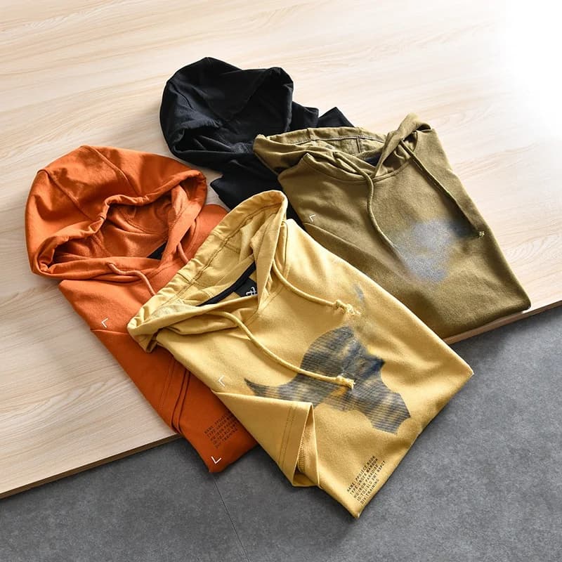 Heavyweight Washed Cotton Men's T-Shirt Spring Summer Casual Sporty Hooded Printed Short Sleeve Fashionable Urban Youth Tee