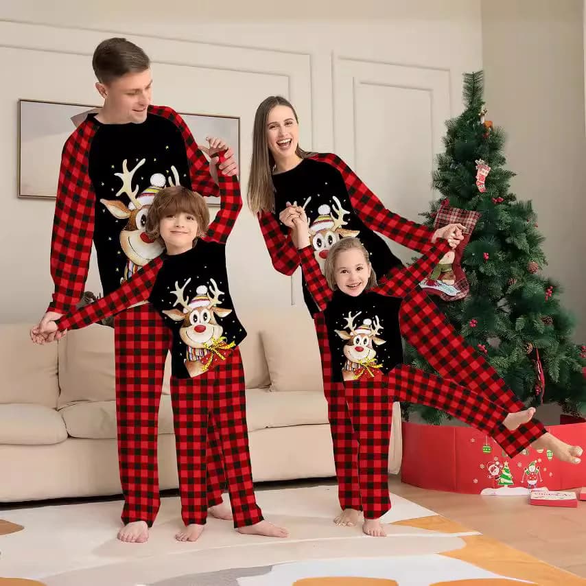 Nuovi abiti natalizi genitore-figlio a quadretti in cartone animato, abbigliamento per la casa stampato, set pigiami, tute per bambini, pigiami natalizi per la famiglia