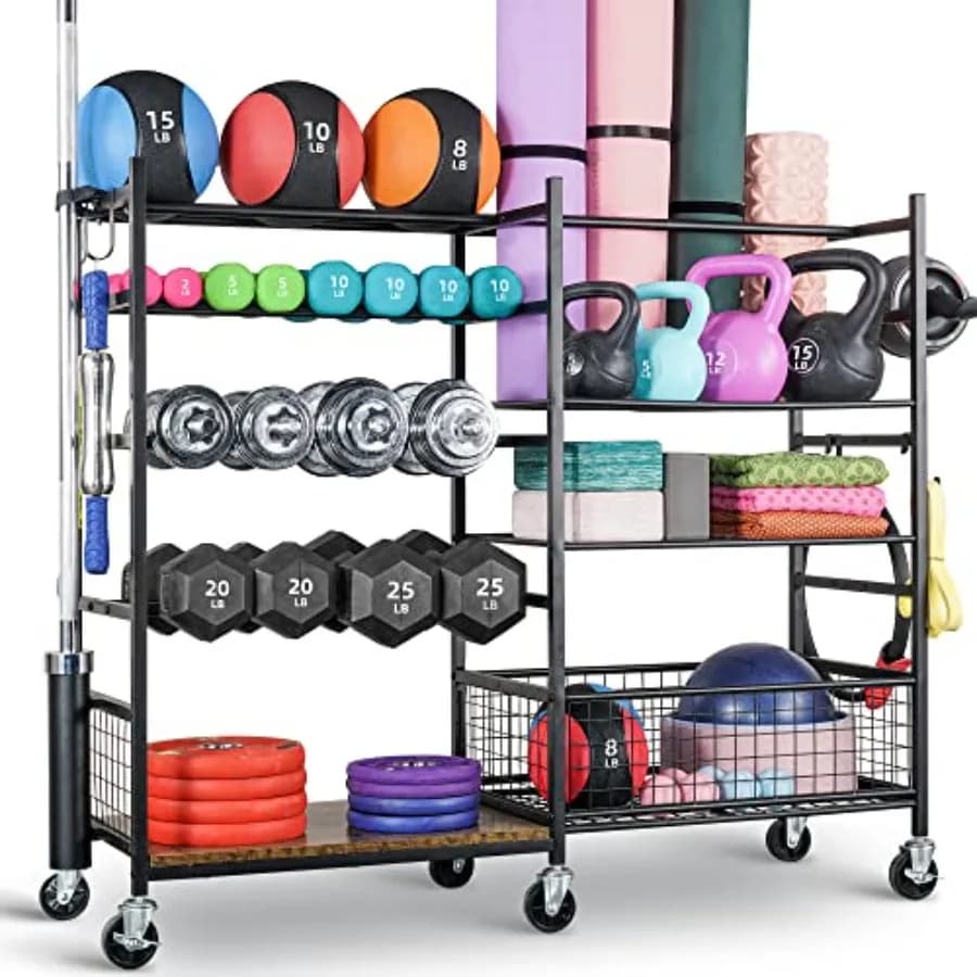 Home Gym Rack for dumbbells, kettlebells, yoga mats and balloons, steel, with wheels and hooks, powder coated finish