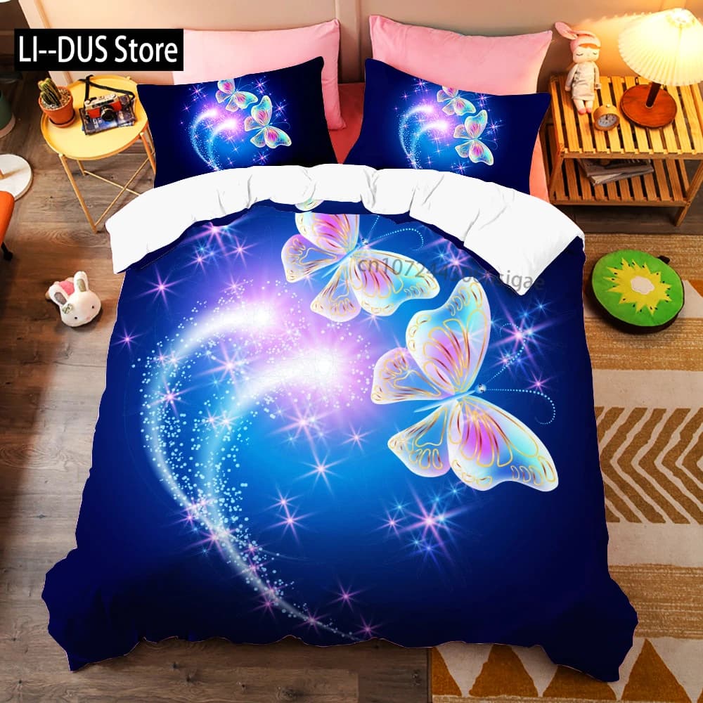 Set di biancheria da letto colorato con bellissime farfalle Set copripiumino con animali volanti Set di federe in morbido poliestere per donne e ragazze