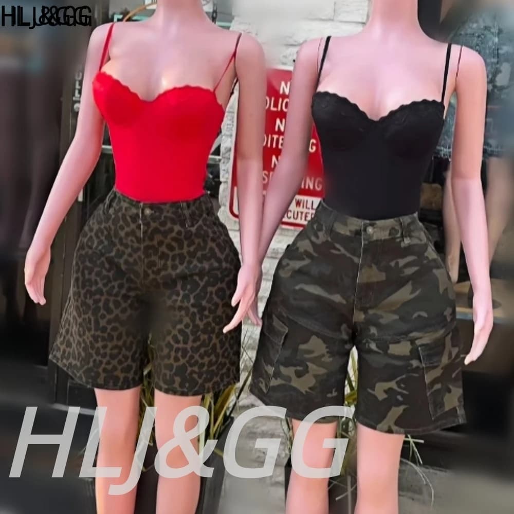 HLJ&GG Set di due pezzi con pantaloncini cargo mimetici in jeans alla moda, body da donna con spalline sottili e inserti in pizzo e pantaloncini in denim