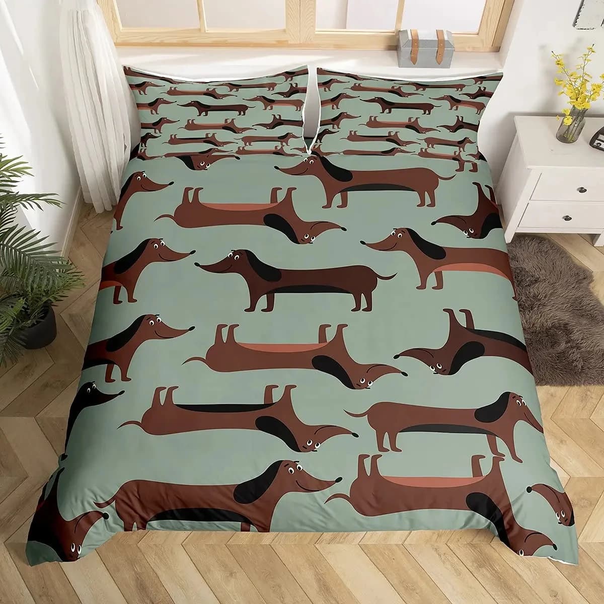 Set copripiumino salsiccia bassotto Set biancheria da letto per cani cuccioli di cartone animato Set copripiumino per cani Weiner per bambini Copripiumino per cani bassotto