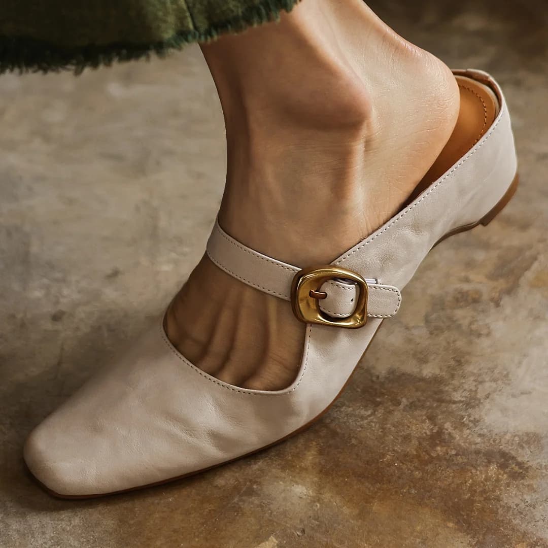 Plus size 34-42 women's cow leather square toe metal buckle slip-on summer Mary Jane slides sandals 5cm wedge med heel mules hot