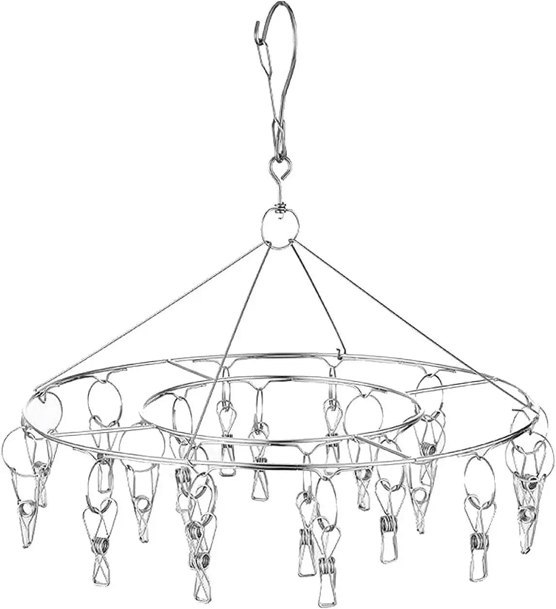 Stendibiancheria Rotondo in Acciaio Inox con 20 Clip per Calzini, Reggiseni, Asciugamani, Biancheria Intima
