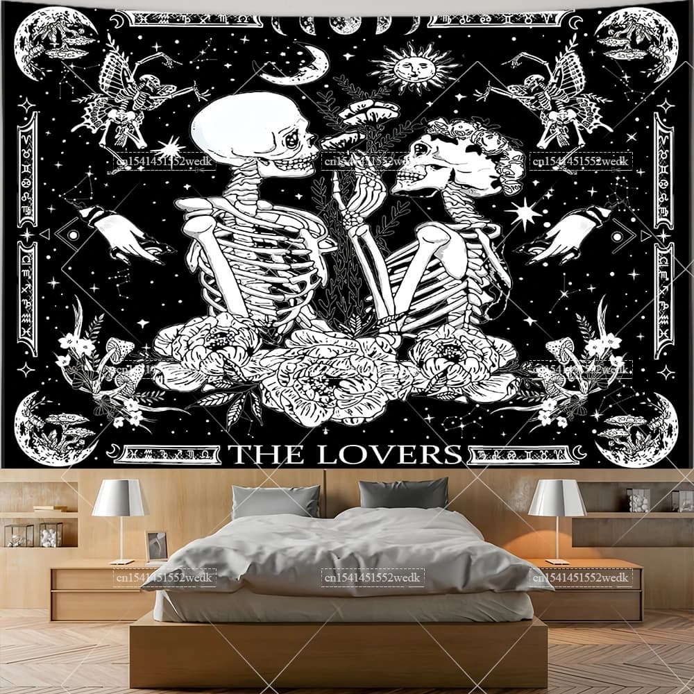 The Lovers Skull Wall Hanging Black And White Tapestry Skeleton Tapestrys Room Decor Aesthetic Tarot Tapestries Party Backdrops