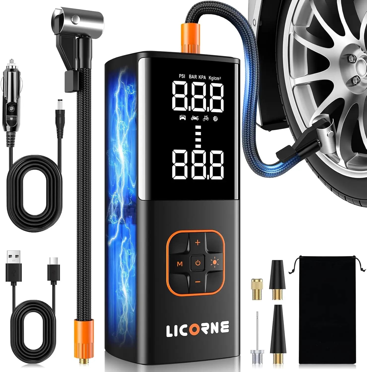 Compressore d'aria portatile per pneumatici auto, pompa senza fili 5 volte più veloce con manometro digitale, 180 PSI per auto, bici e moto