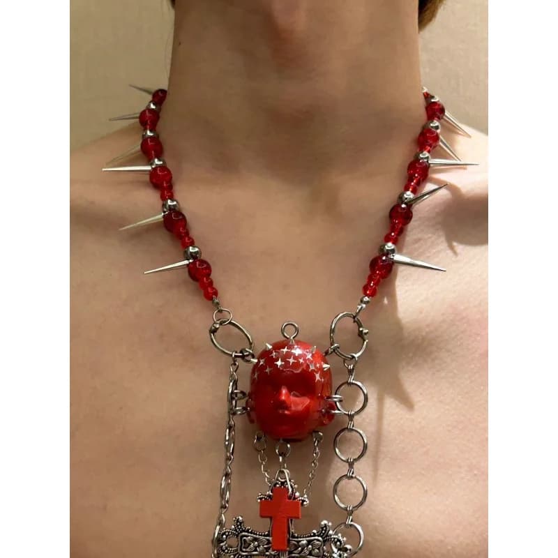 2025 New Punch Necklace Leather Crew Cross Metal Chain Rivet Human Face Accessories for Dark Fashion Fresh Neck Jewelry For Women
