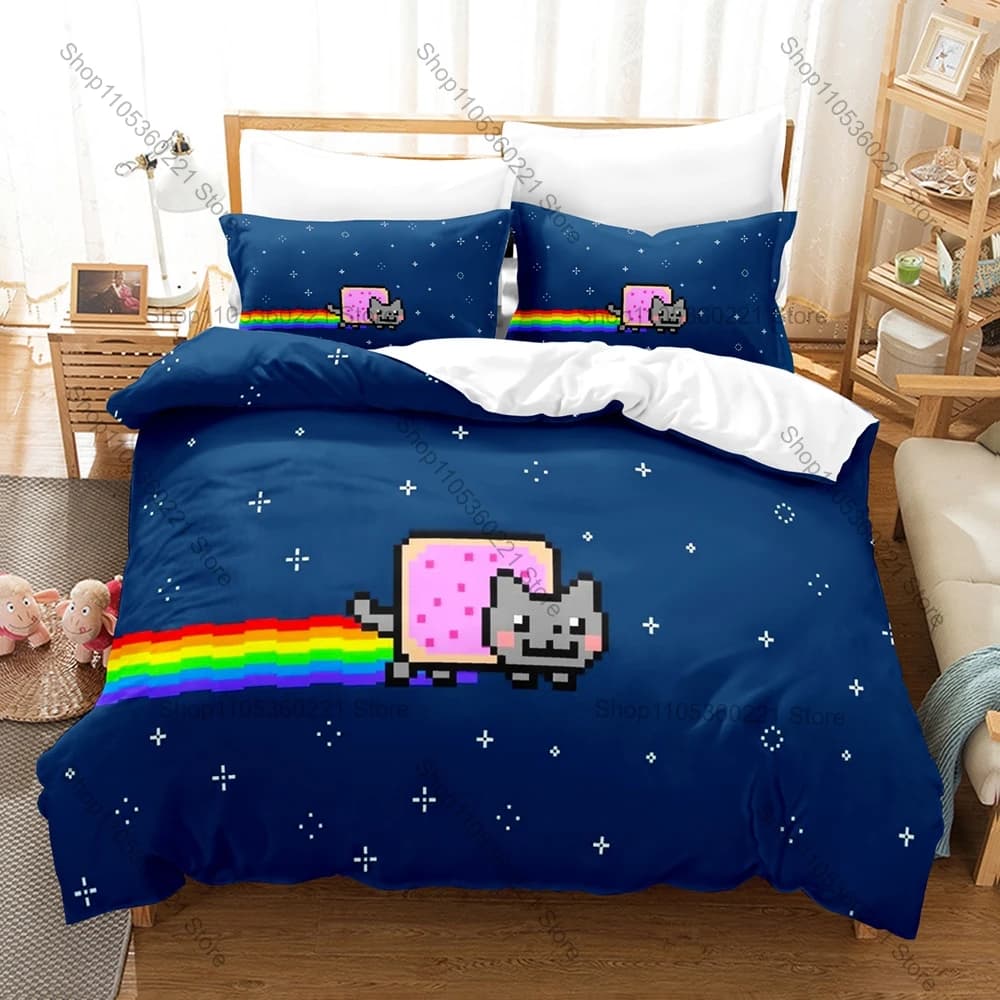 Rainbow Alien Nyan Cat Meme Duvet Cover Set 1 Duvet Cover + 2 Pillowcases Cute Internet Cartoon Bed Linens Gift Home Textile