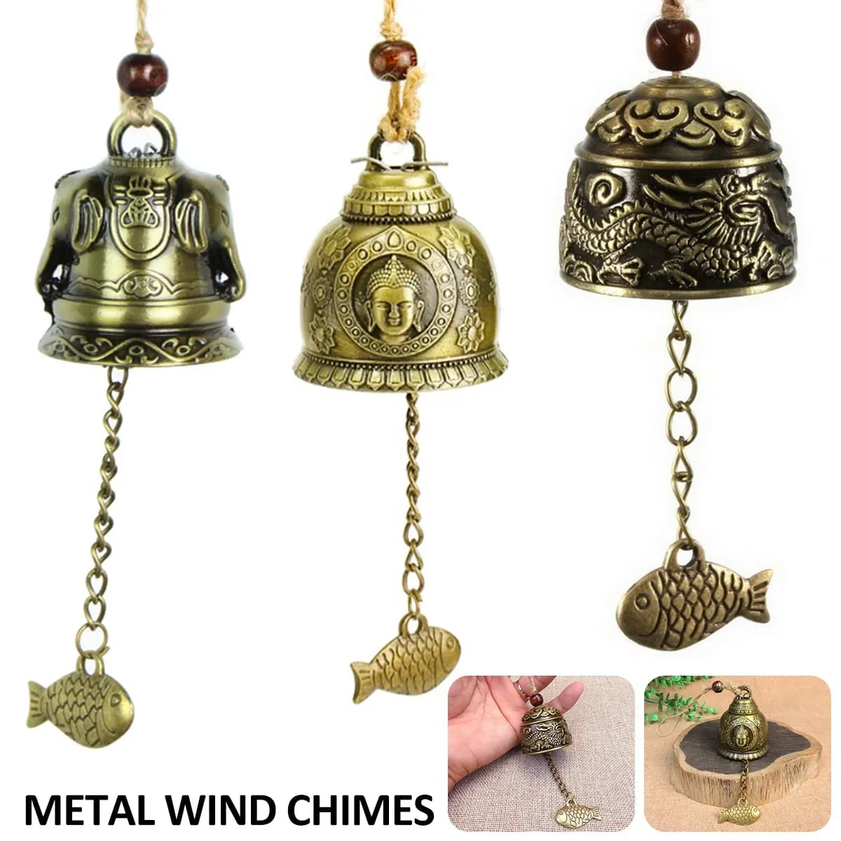 Feng Shui Wind Bell Lucky Wind Chimes Retro Buddha Dragon Elephant Wind Chime Vintage Windchime Hanging Ornament Durable Chinese