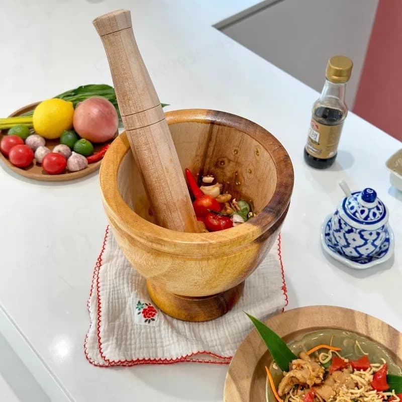 Natural Acacia Wood Mortar and Pestle Set Household Commercial Garlic Grinder Bowl for Thai Spices Herb Mashing Kitchen Tool