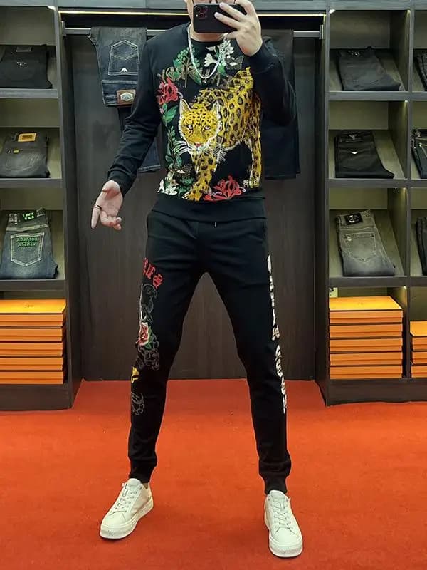 Men's Autumn Winter New Heavy Duty Long Sleeve round Neck Tiger Print Two Piece Set Casual Sportswear Trendy Men's Outfit