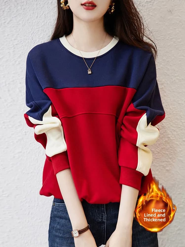 Thickened Fleece Women's Zipper Color Block Hoodie Korean Style Long Sleeve round Neck Inner Wear for Autumn And Winter