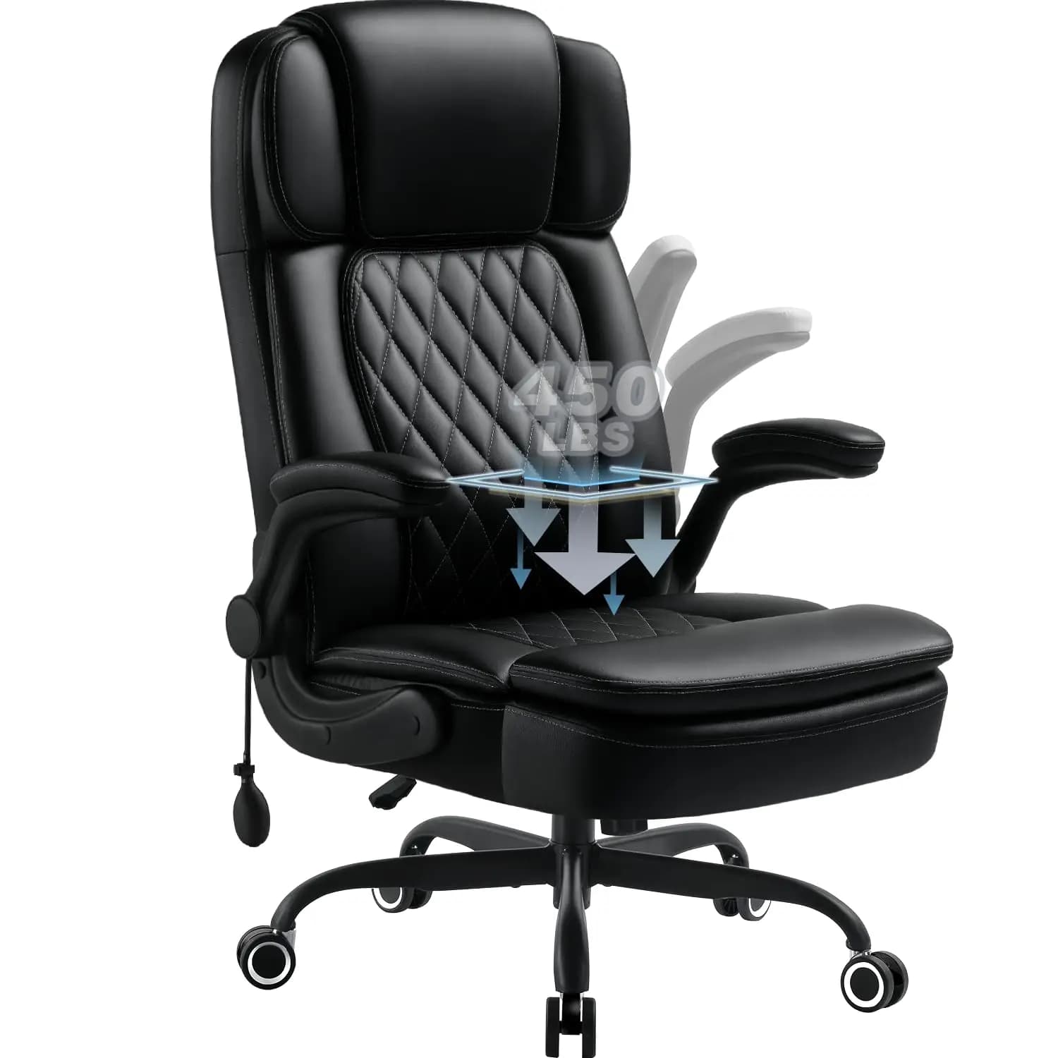 Sedia da Ufficio Direzionale Grande e Alta 450LBS con Braccioli Ribaltabili in Pelle PU, Schienale Alto, Girevole, con Cuscino a Molla e Base in Metallo, Personalizzabile