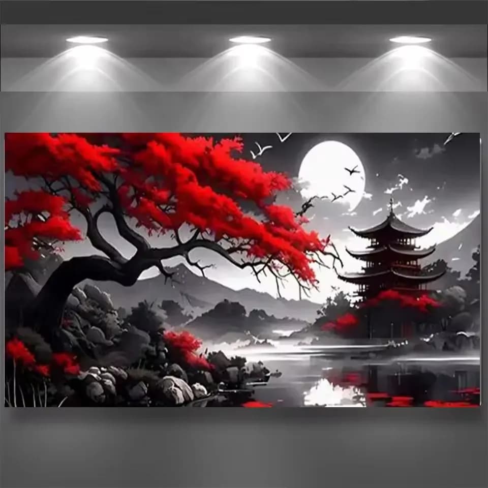 Amazing Red Tree Japan Moon Temple Landscape Diamond Art Painting DIY Full Diamond Embroidery,Mosaic Home Decor,Cross Stitch